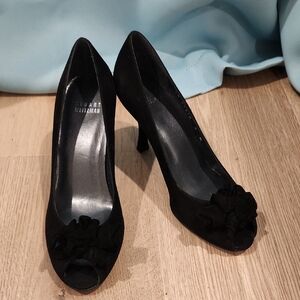 Stuart Weitzman Black Suede Peep-Toe Pumps with Rosette Accent